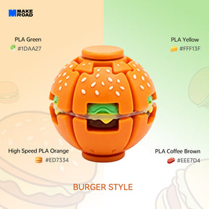A spherical burger-shaped HelixCore Press-to-Spin Squishy Ball made of orange plastic segments with sesame-seed details, shown on a light background with labeled color swatches for green, yellow, orange, and brown plastic.