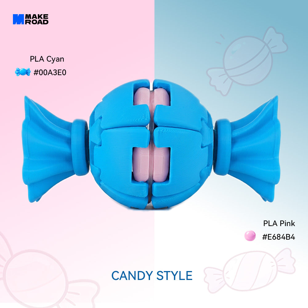 A HelixCore Press-to-Spin Squishy Ball candy-style product with pink inner sections, shown on a split pastel pink and blue background with text reading PLA Cyan, #00A3E0, PLA Pink, #E684B4, and CANDY STYLE.