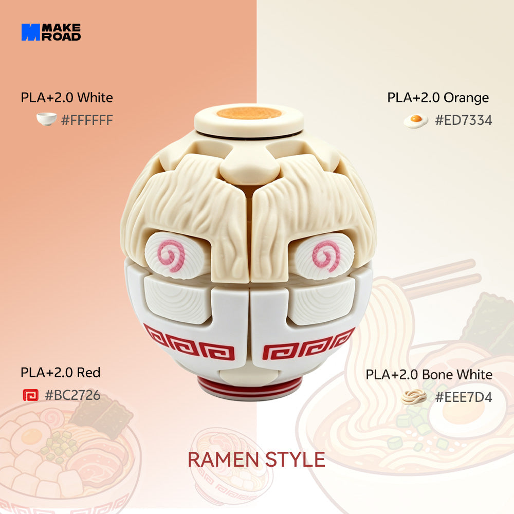A Ramen style HelixCore Press-to-Spin Squishy Ball, labeled with color options like PLA+2.0 White, Orange, and Red.