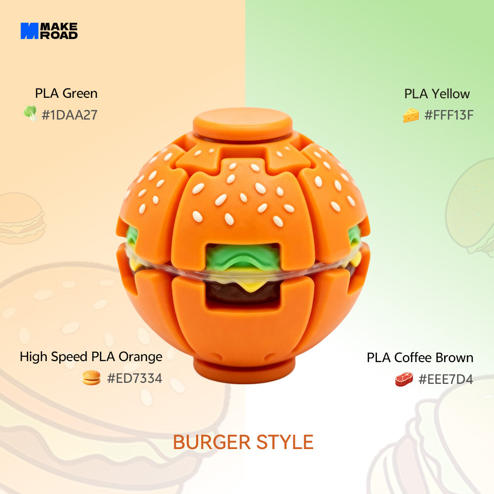 A spherical burger-shaped HelixCore Press-to-Spin Squishy Ball made of orange plastic segments with sesame-seed details, shown on a light background with labeled color swatches for green, yellow, orange, and brown plastic.