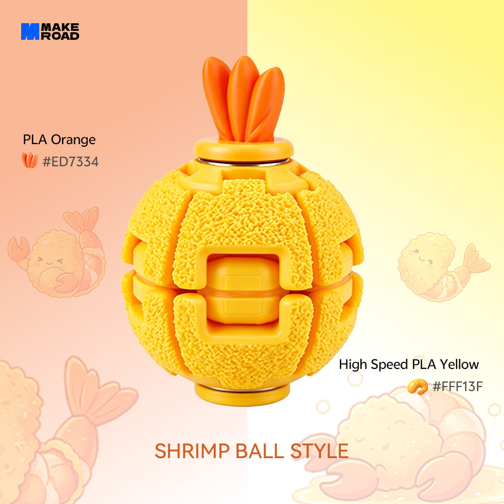 A yellow textured HelixCore Press-to-Spin Squishy Ball labeled 'SHRIMP BALL STYLE' with orange flower-like protrusions on top, shown on a pastel pink-to-yellow background with shrimp illustrations and text indicating PLA Orange and PLA Yellow color options.