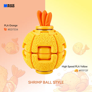 A yellow textured HelixCore Press-to-Spin Squishy Ball labeled 'SHRIMP BALL STYLE' with orange flower-like protrusions on top, shown on a pastel pink-to-yellow background with shrimp illustrations and text indicating PLA Orange and PLA Yellow color options.
