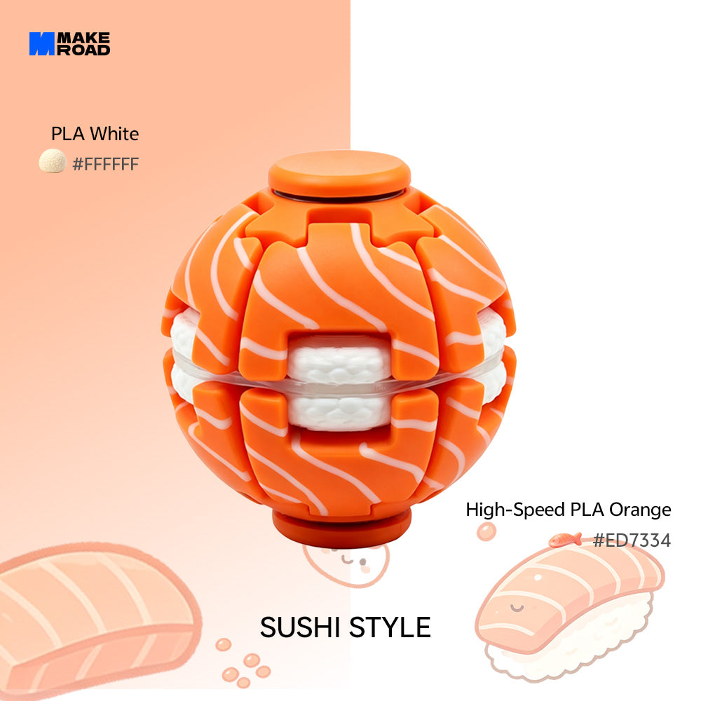 A sushi-themed HelixCore Press-to-Spin Squishy Ball with orange and white segments, shown on a clean white background with text labels reading 'PLA White', 'High-Speed PLA Orange'.