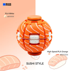 A sushi-themed HelixCore Press-to-Spin Squishy Ball with orange and white segments, shown on a clean white background with text labels reading 'PLA White', 'High-Speed PLA Orange'.