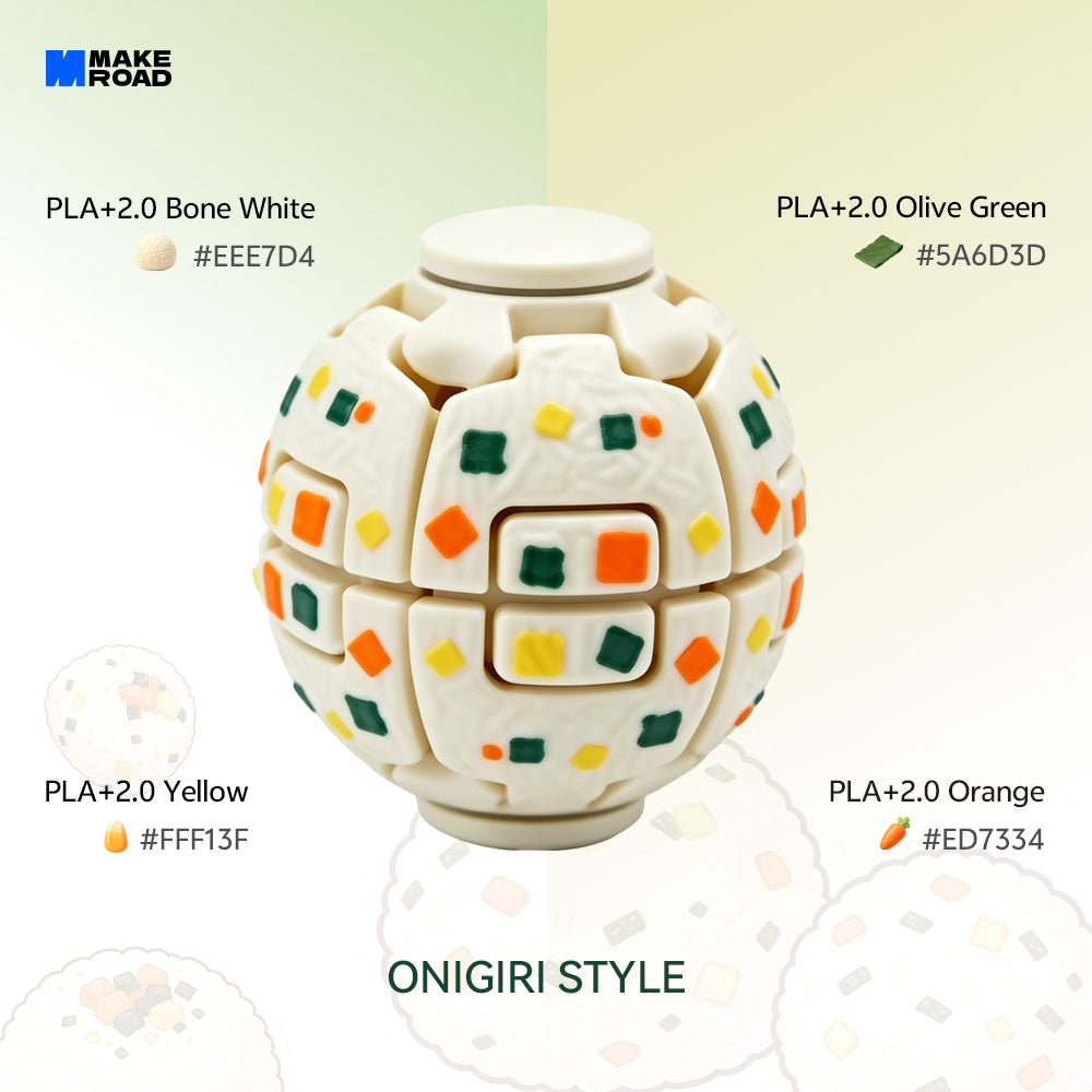 A onigiri-style HelixCore Press-to-Spin Squishy Ball made of white bone-shaped pieces with small colored geometric accents, shown on a pale cream background with color callouts and the text 'ONIGIRI STYLE' and 'PLA+2.0 Bone White' at top left.
