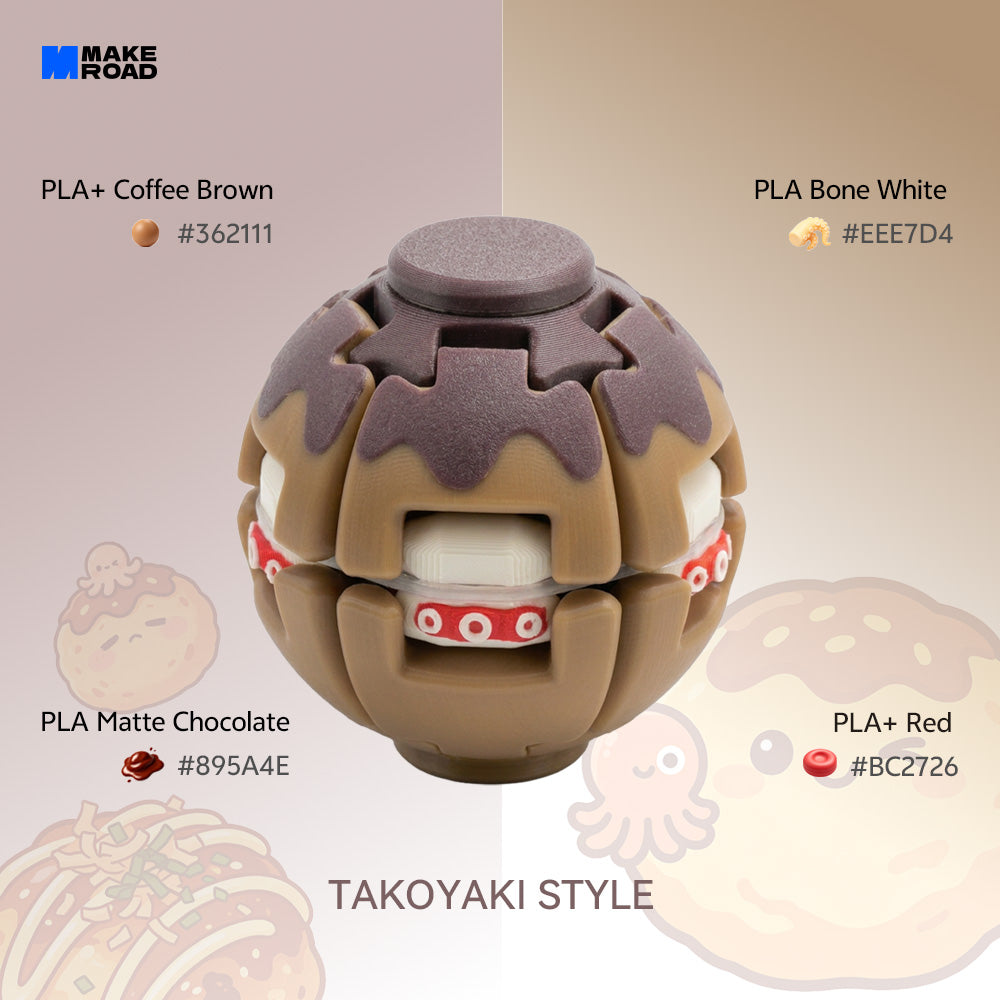 A takoyaki-style HelixCore Press-to-Spin Squishy Ball shown on a beige background with color labels and brand text. The product is brown with dark brown ridges, white inner rings, and small red accents.